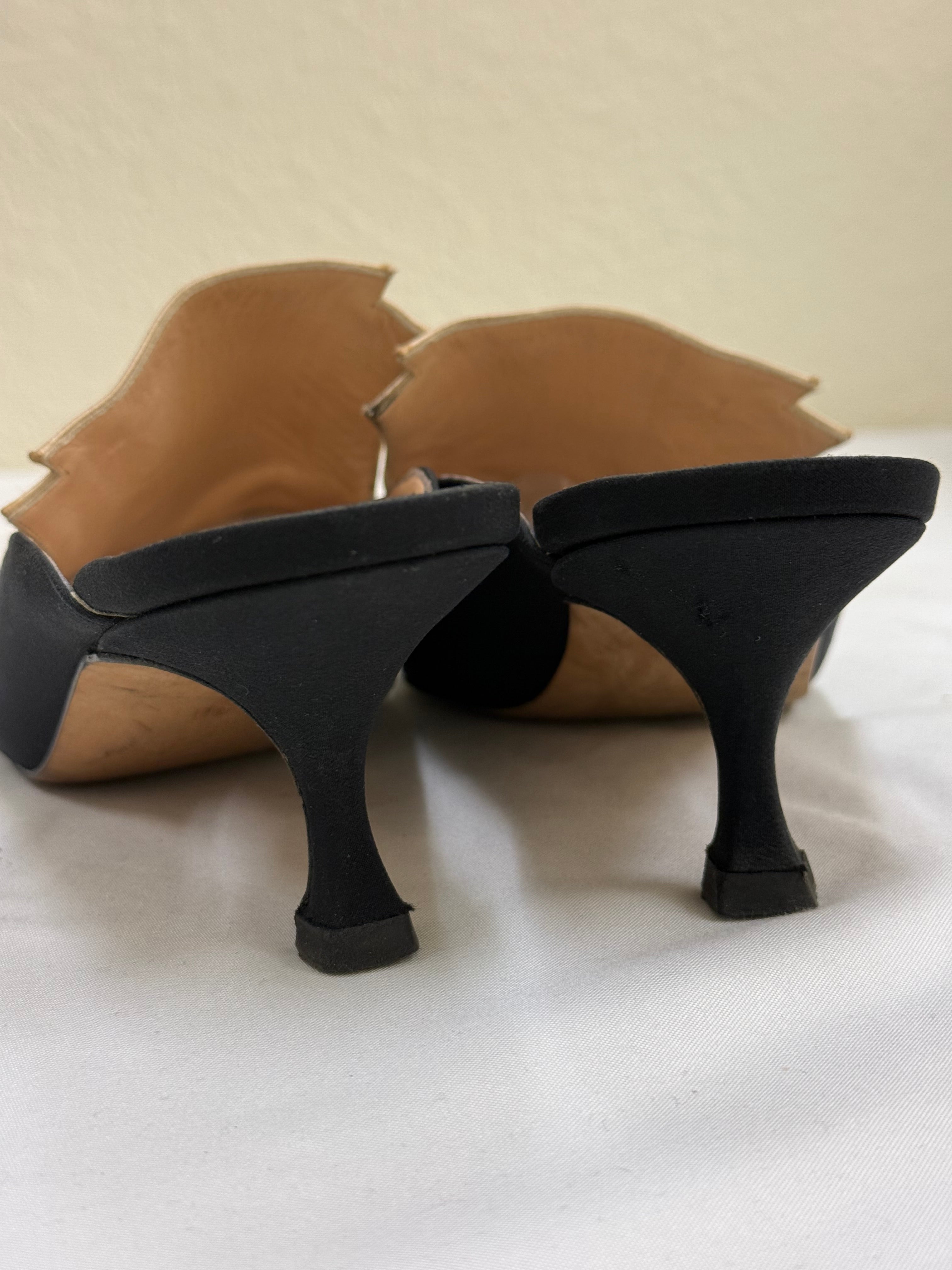 Manolo Blahnik Vintage Satin Mule Pumps – Black & Champagne | Size 40