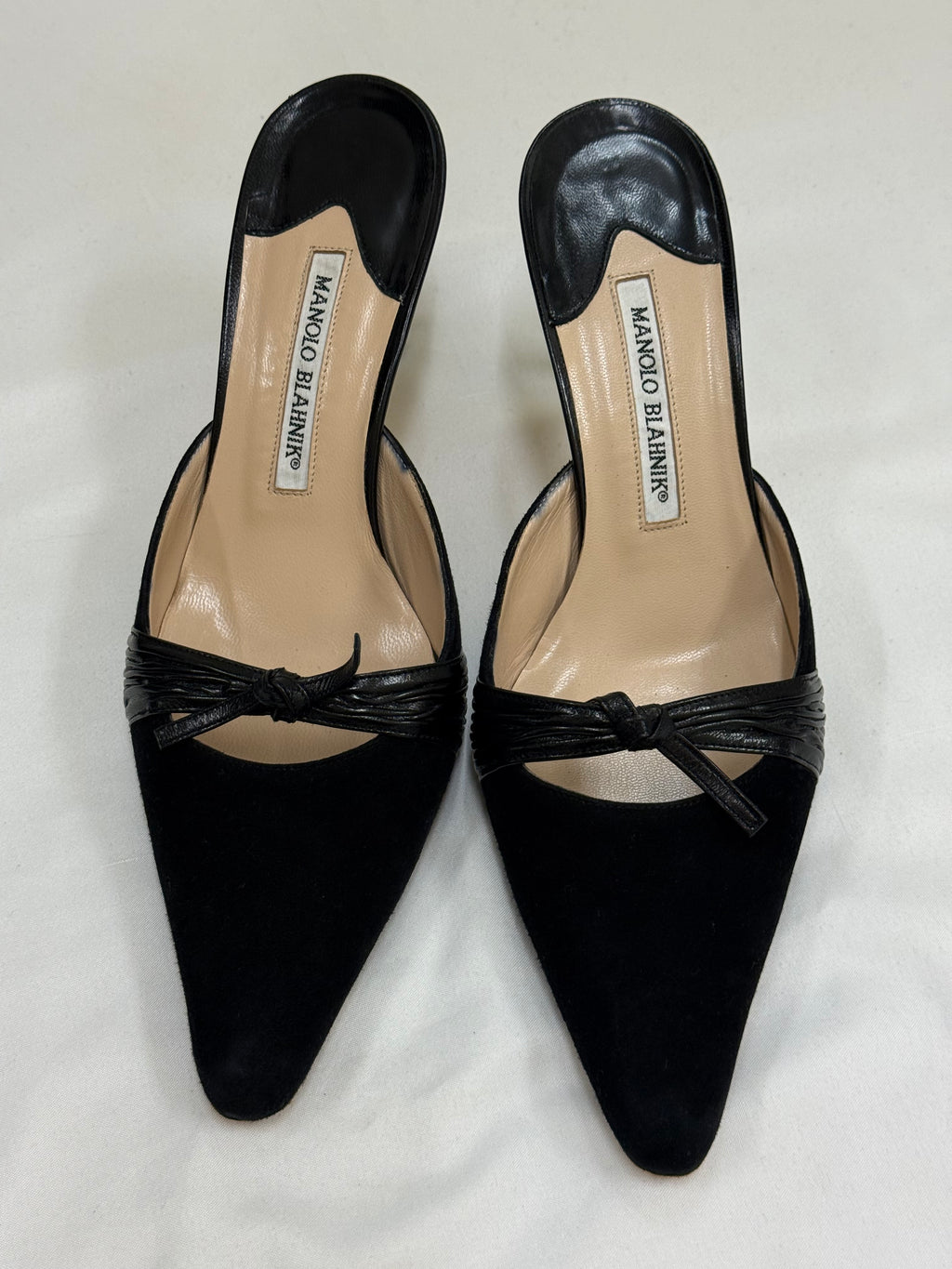 Manolo Blahnik Black Suede Pointed-Toe Mule Heels with Leather Bow Detail