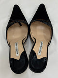 Manolo Blahnik Black Suede Pointed-Toe Mule Heels with Leather Bow Detail