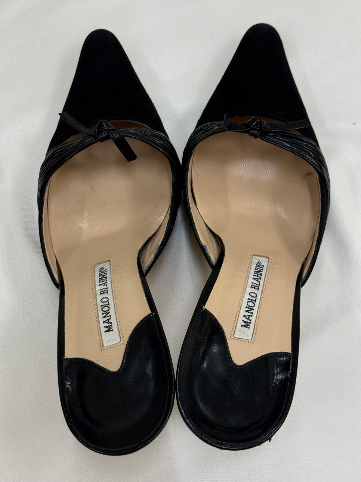 Manolo Blahnik Black Suede Pointed-Toe Mule Heels with Leather Bow Detail