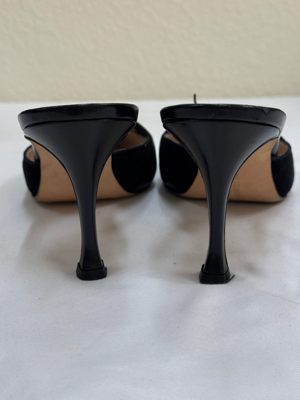 Manolo Blahnik Black Suede Pointed-Toe Mule Heels with Leather Bow Detail