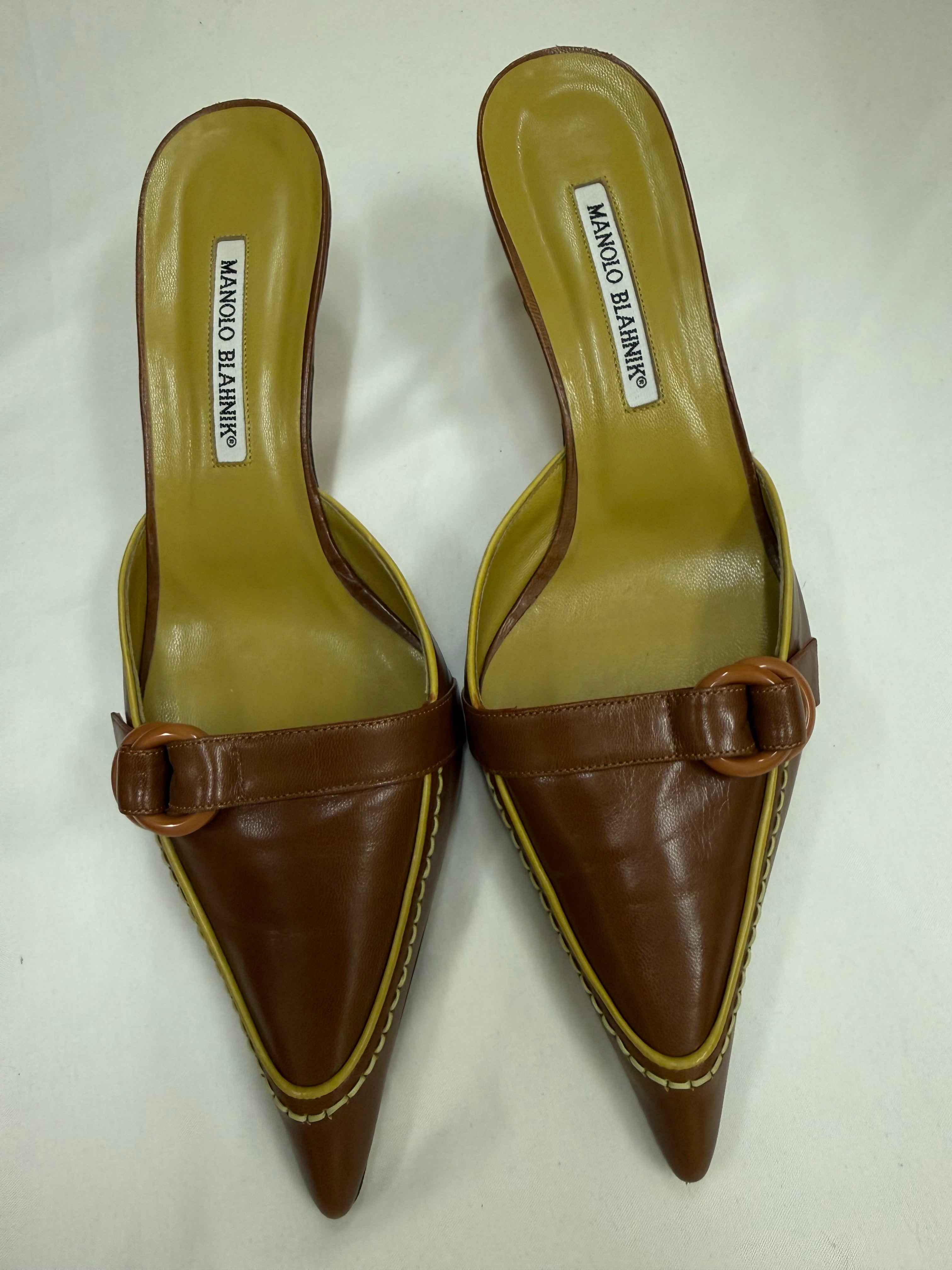 Manolo Blahnik Brown Leather Pointed-Toe Mule Heels – Size 41