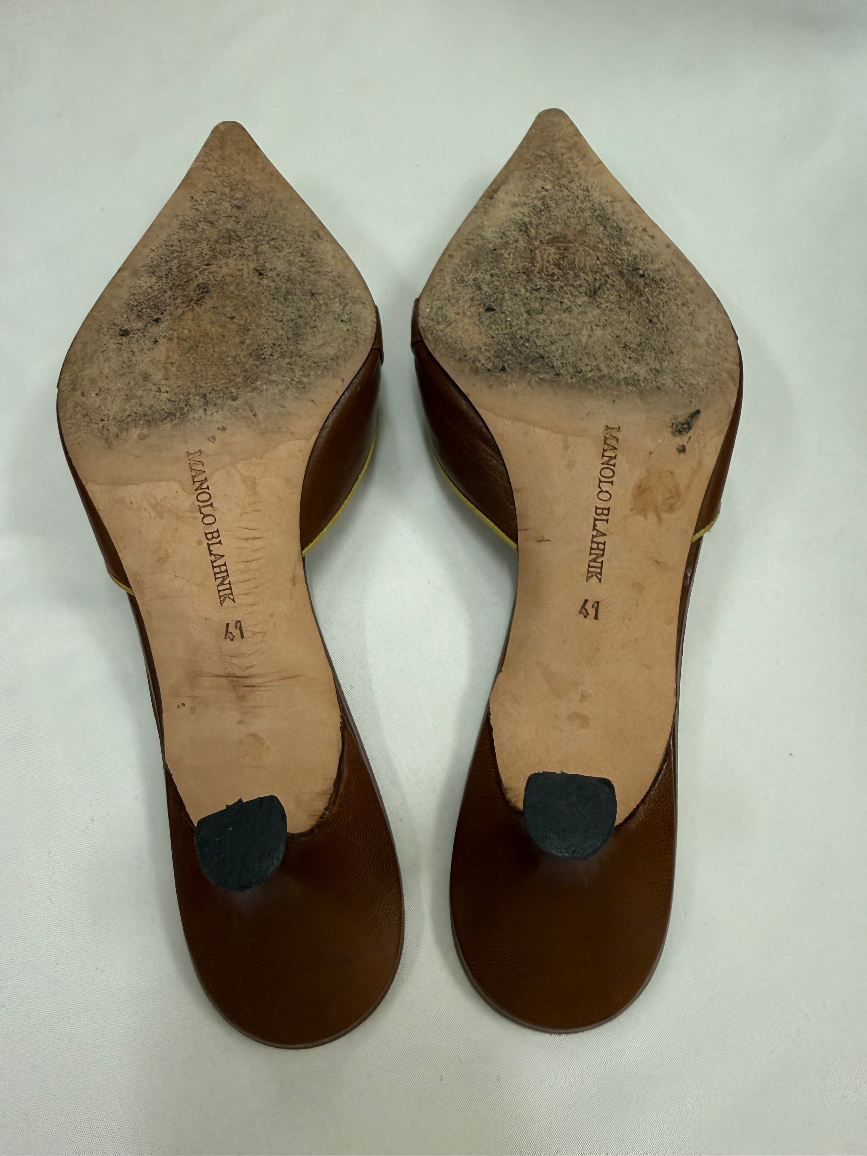 Manolo Blahnik Brown Leather Pointed-Toe Mule Heels – Size 41