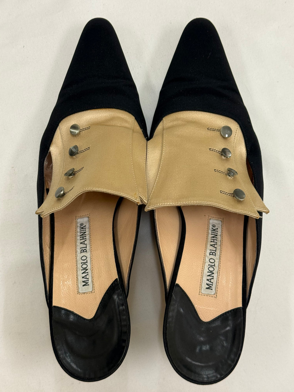 Manolo Blahnik Vintage Satin Mule Pumps – Black & Champagne | Size 40