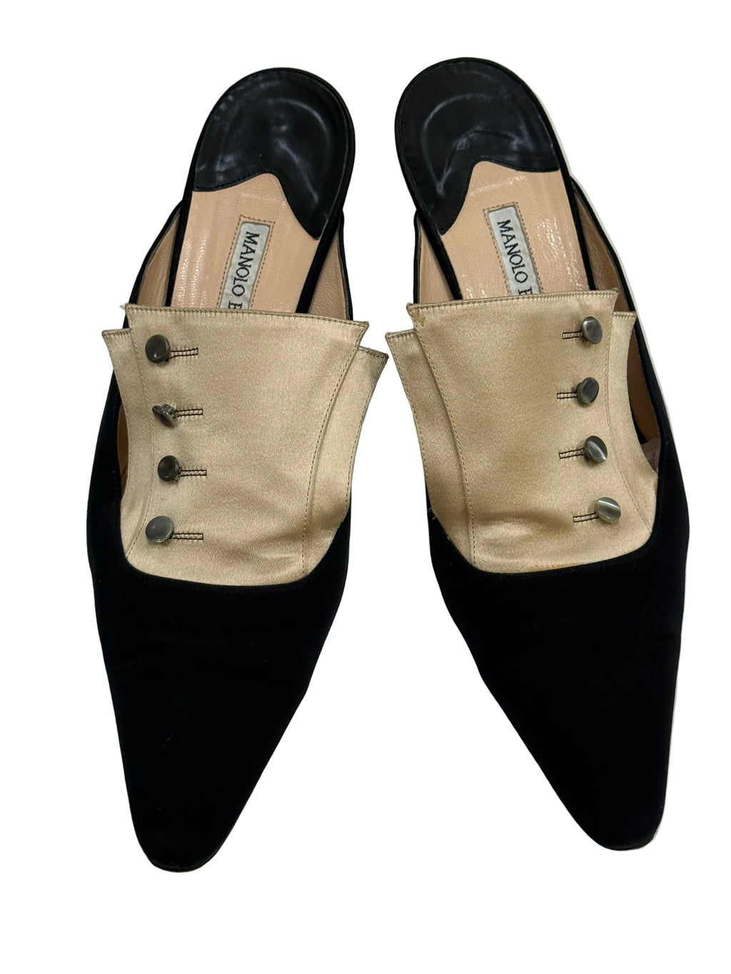 Manolo Blahnik Vintage Satin Mule Pumps – Black & Champagne | Size 40