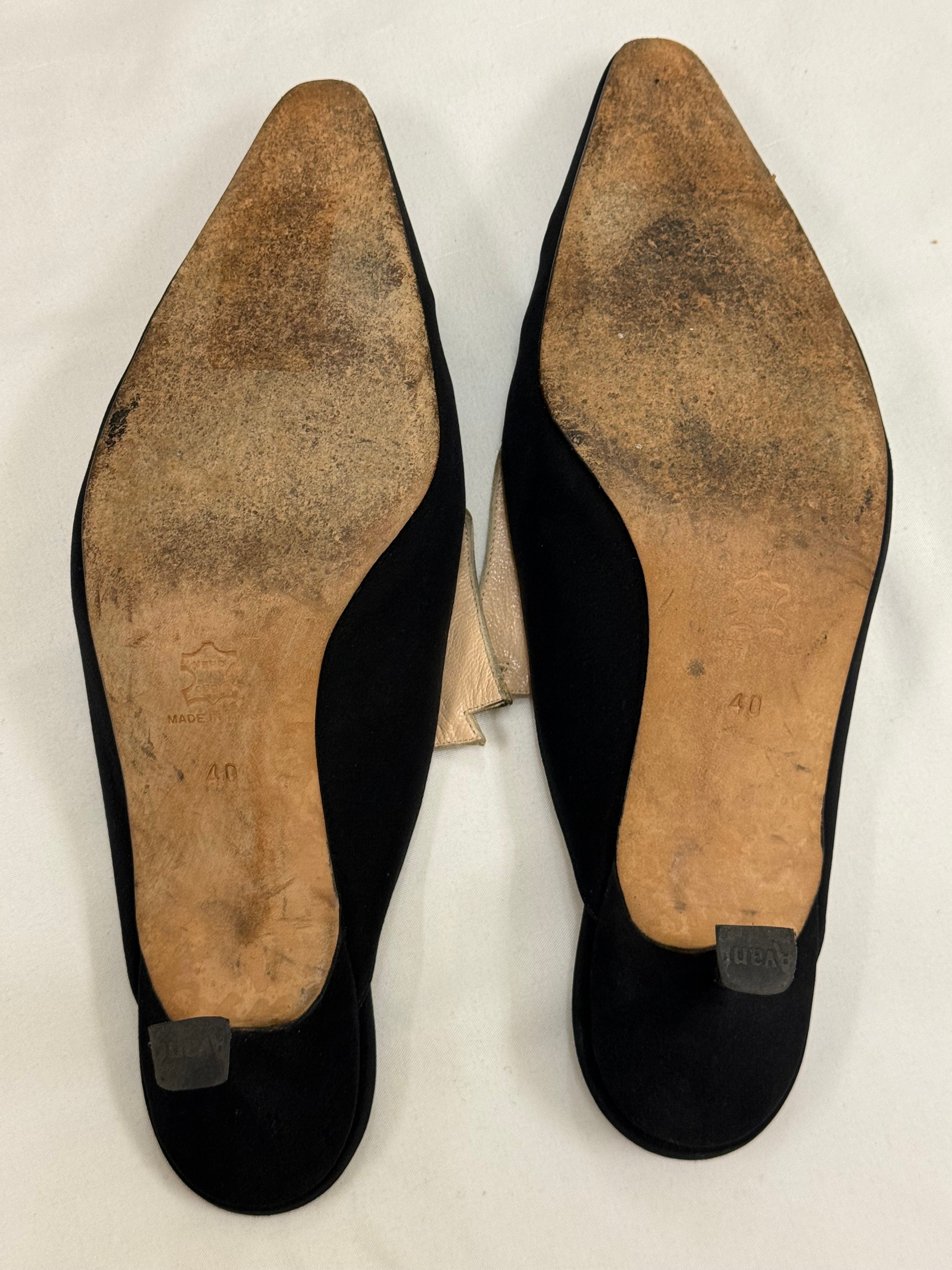 Manolo Blahnik Vintage Satin Mule Pumps – Black & Champagne | Size 40