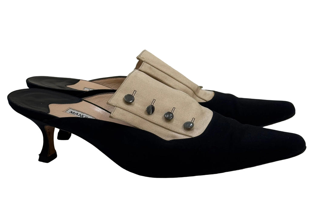 Manolo Blahnik Vintage Satin Mule Pumps – Black & Champagne | Size 40