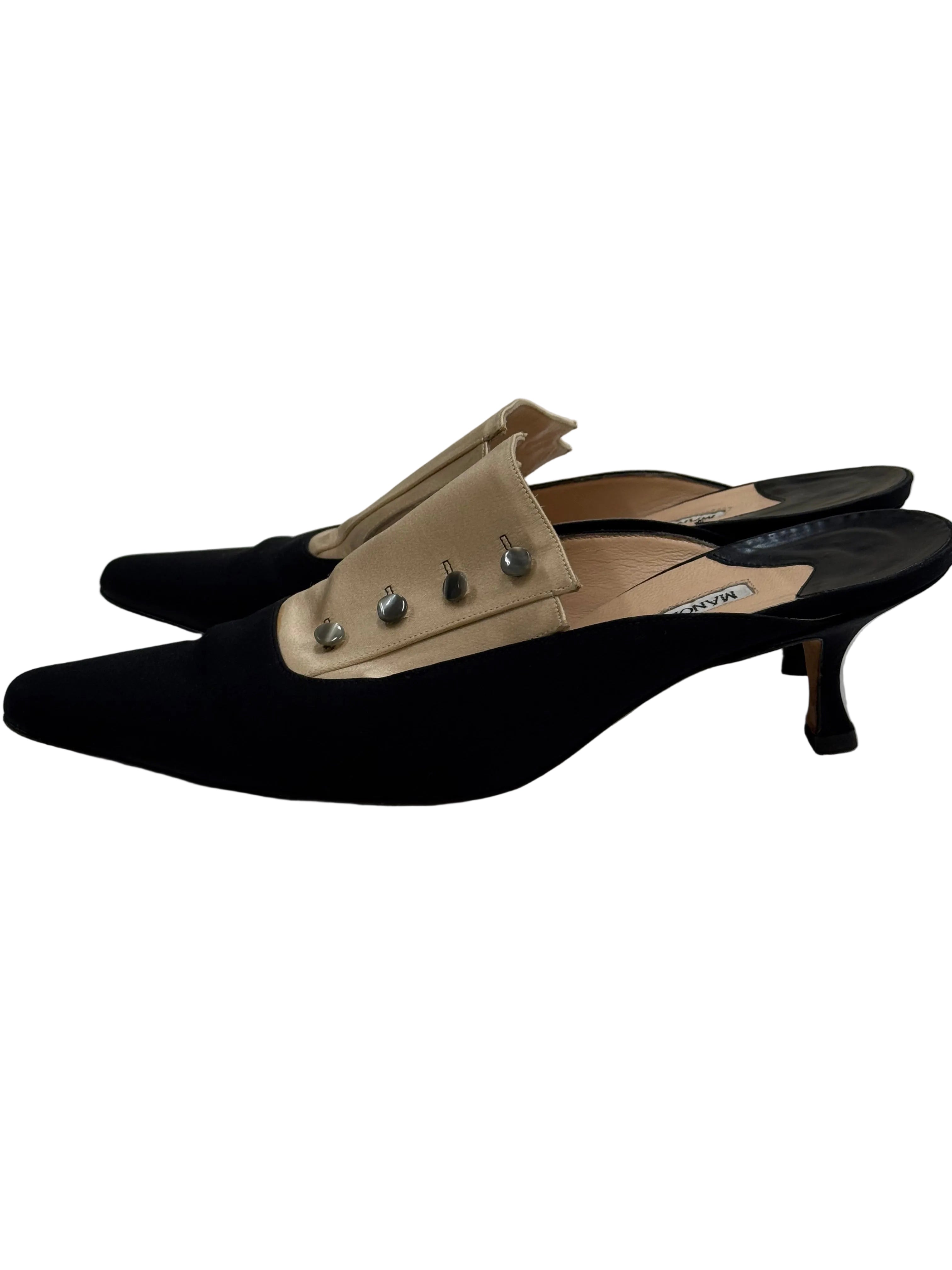 Manolo Blahnik Vintage Satin Mule Pumps – Black & Champagne | Size 40