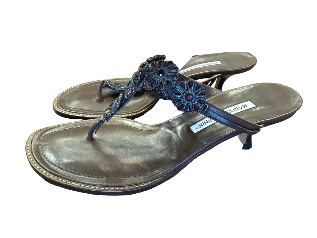 Manolo Blahnik Embellished Leather Thong